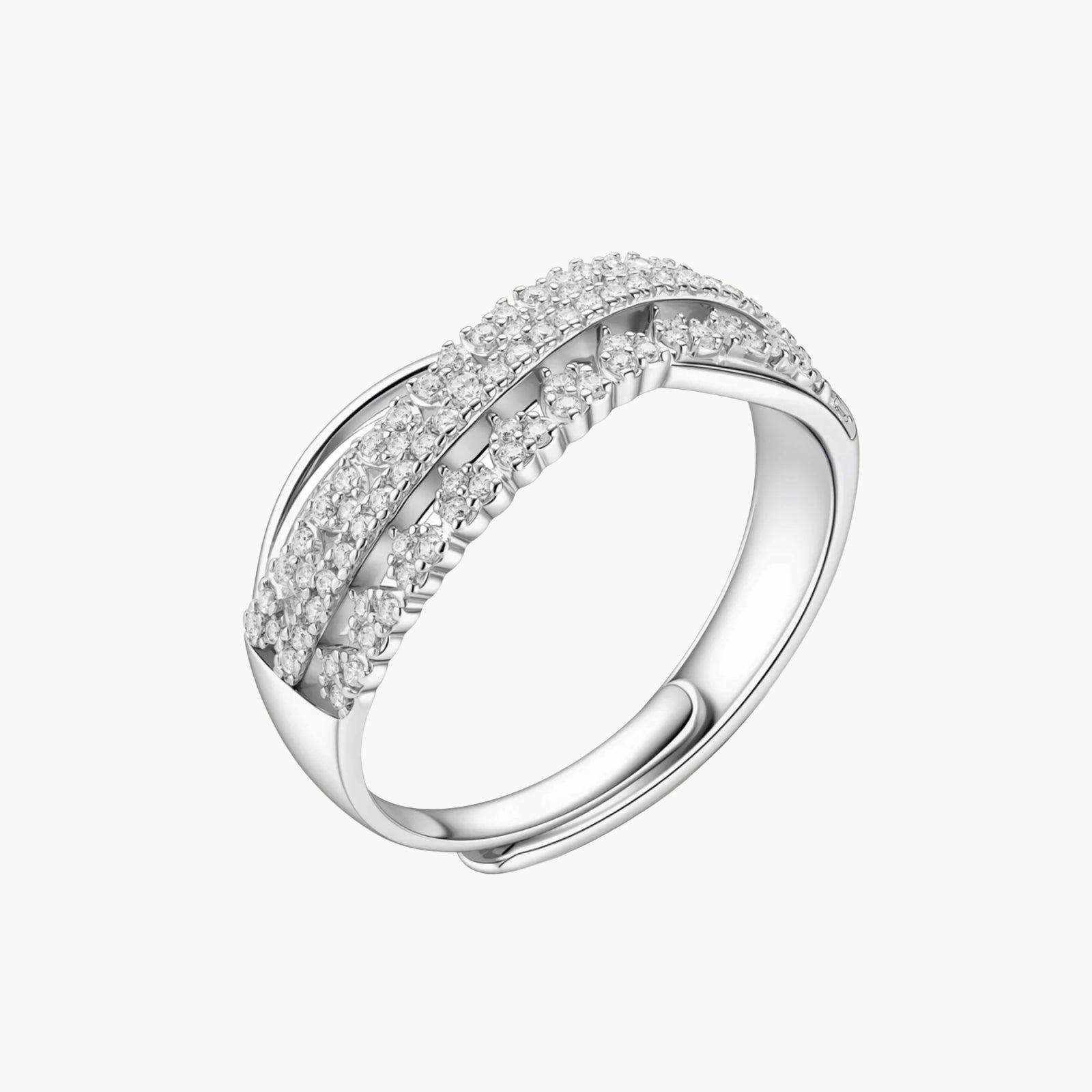 Sterling silver crossover ring with pavé-set moissanite stones creating an elegant infinity design on neutral background