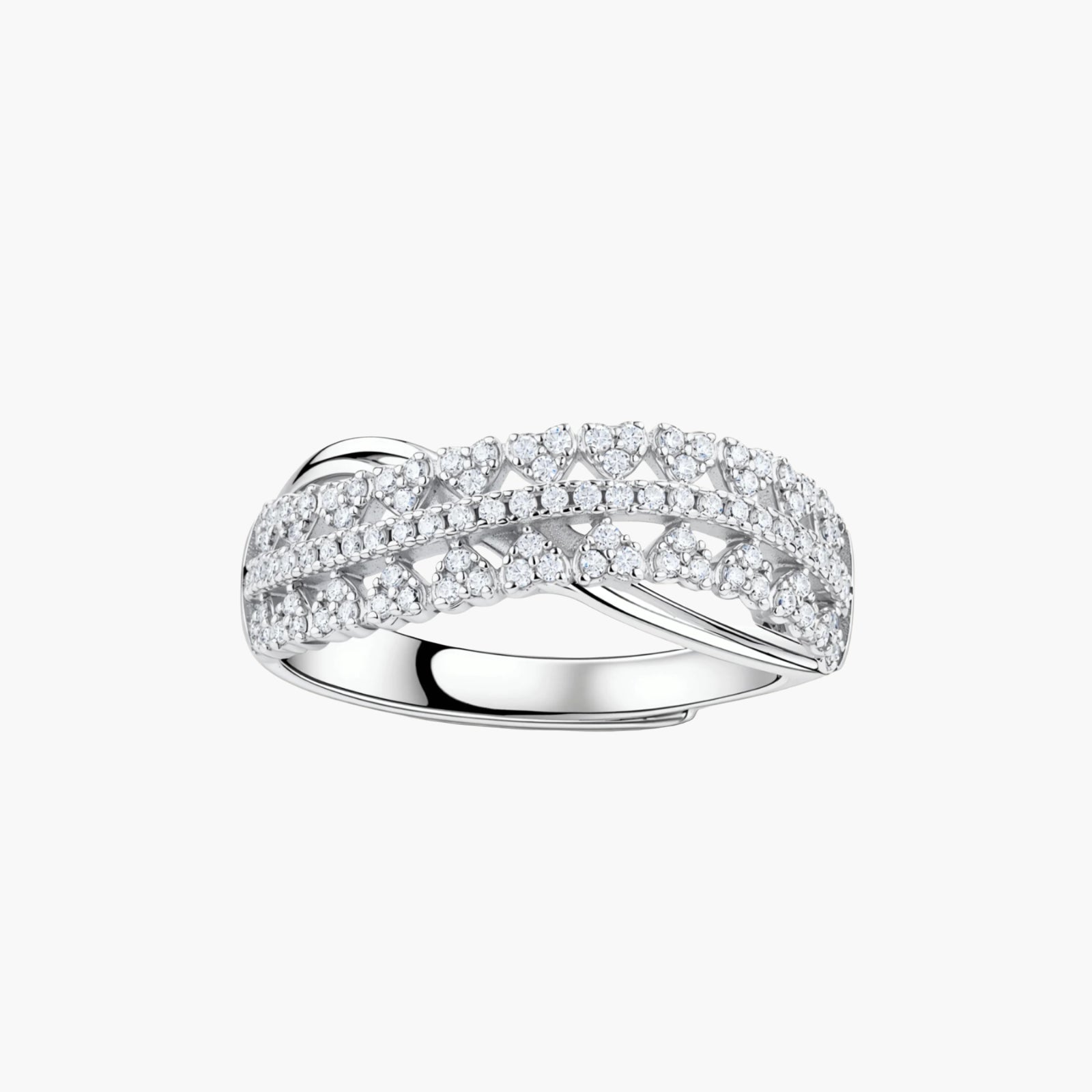 Sterling silver crossover ring with pavé-set moissanite stones creating an elegant infinity design on neutral background