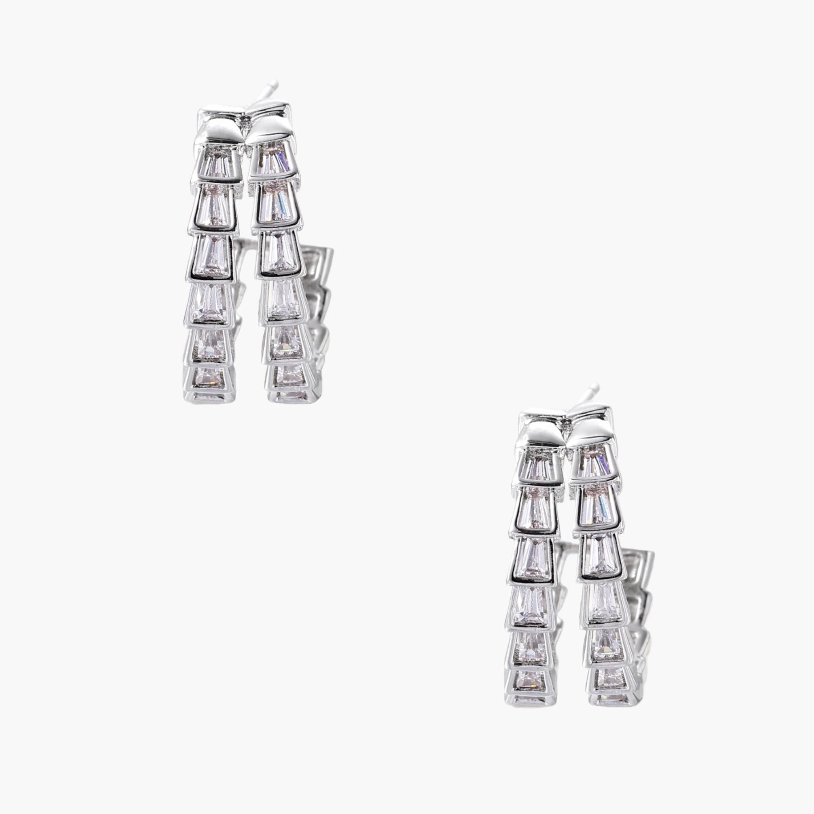 White gold-plated hoop earrings with double row of baguette-cut zirconia stones in geometric ladder design
