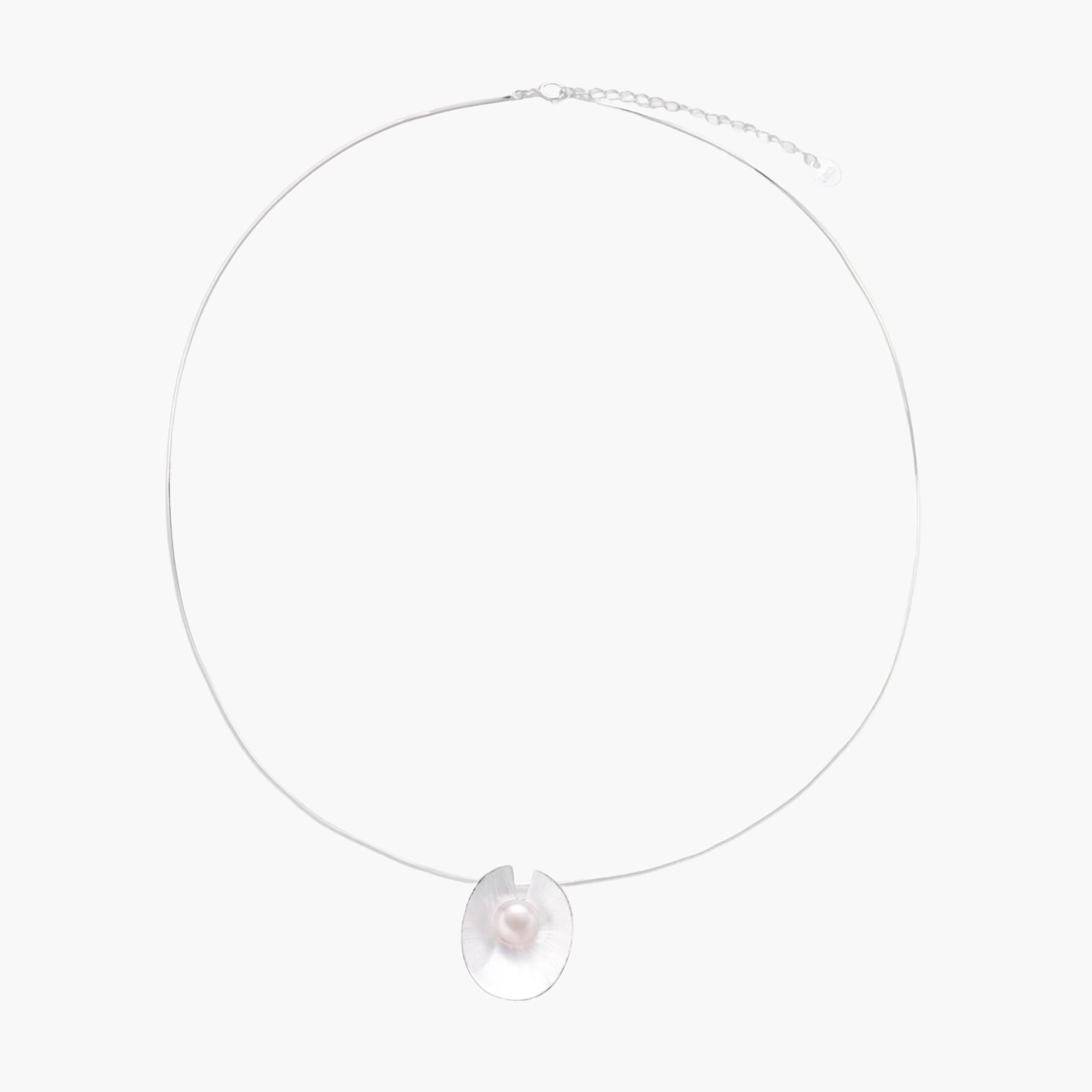 Sterling silver disc necklace with textured finish and centered freshwater pearl on delicate chain