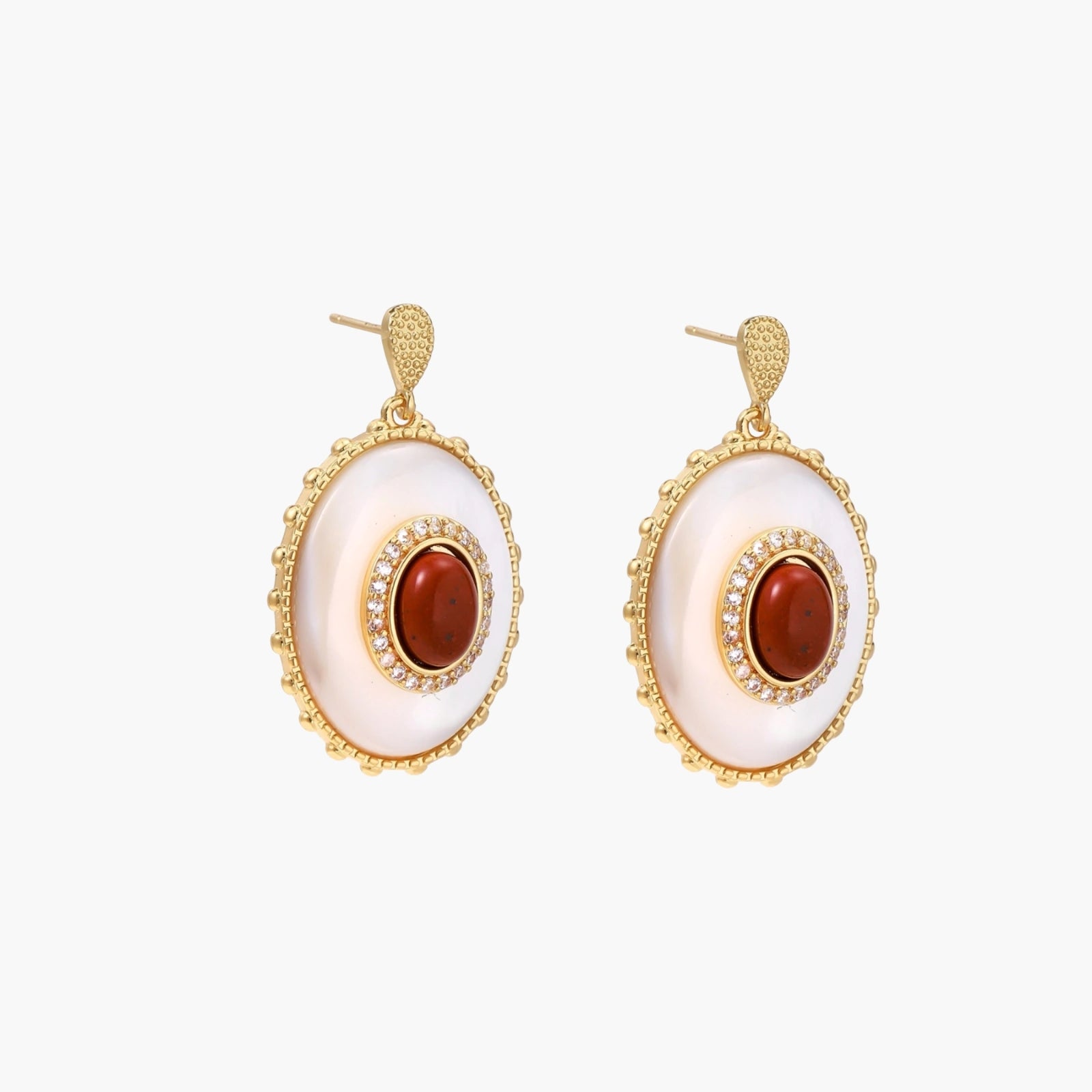 Gold-plated drop earrings with layered oval mother-of-pearl and cognac gemstone center framed by crystal halo