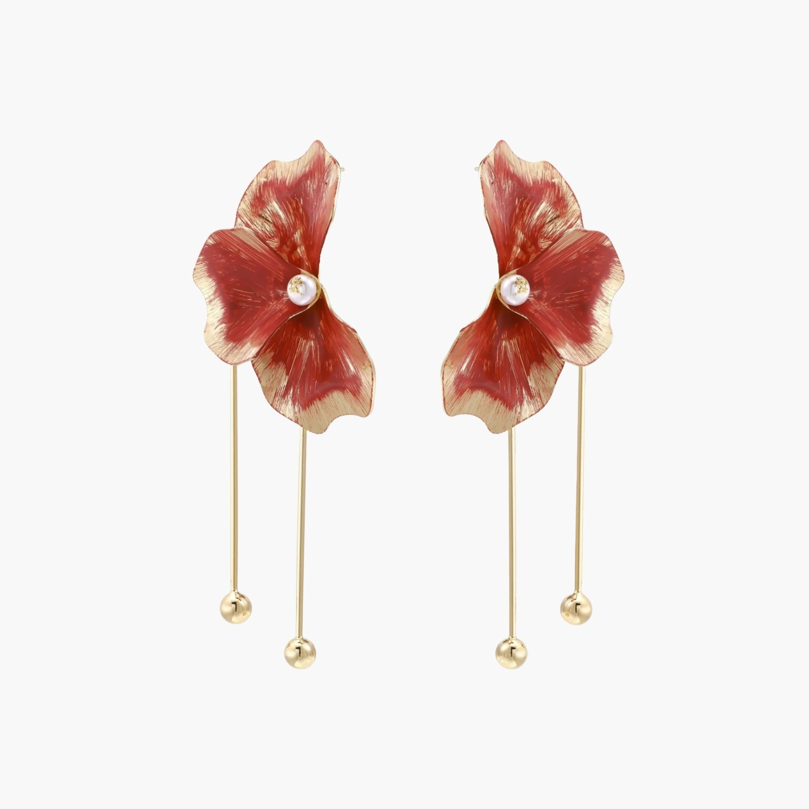 Red enamel flower earrings with gold-plated stems, central pearl, and gradient coral-to-gold petals on white background