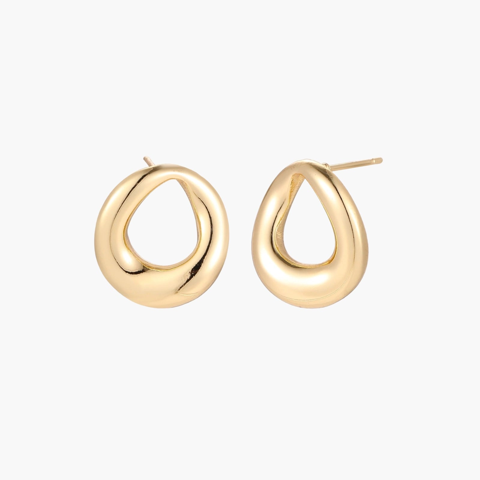 Pair of polished 18K gold-plated stainless steel teardrop earrings with hollow centers on cream background
