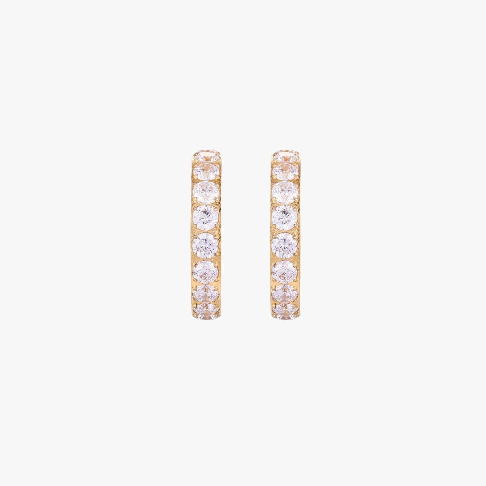 Gold pavé hoop earrings with two freshwater pearls nestled inside the curved design, featuring crystal-studded outer edge.