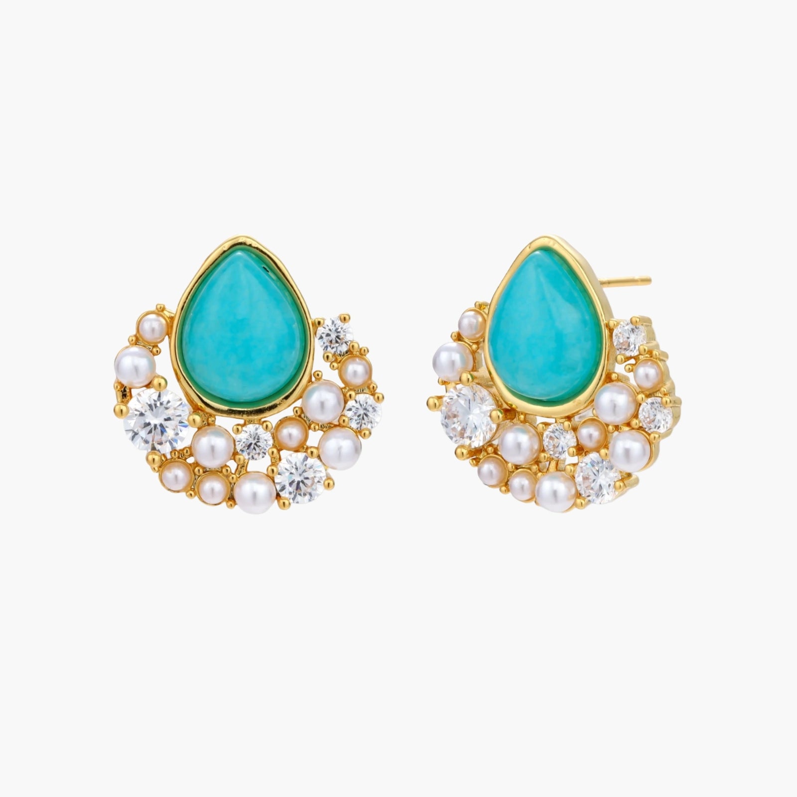 Gold-plated cluster earrings with teardrop turquoise stones surrounded by white pearls and clear crystals