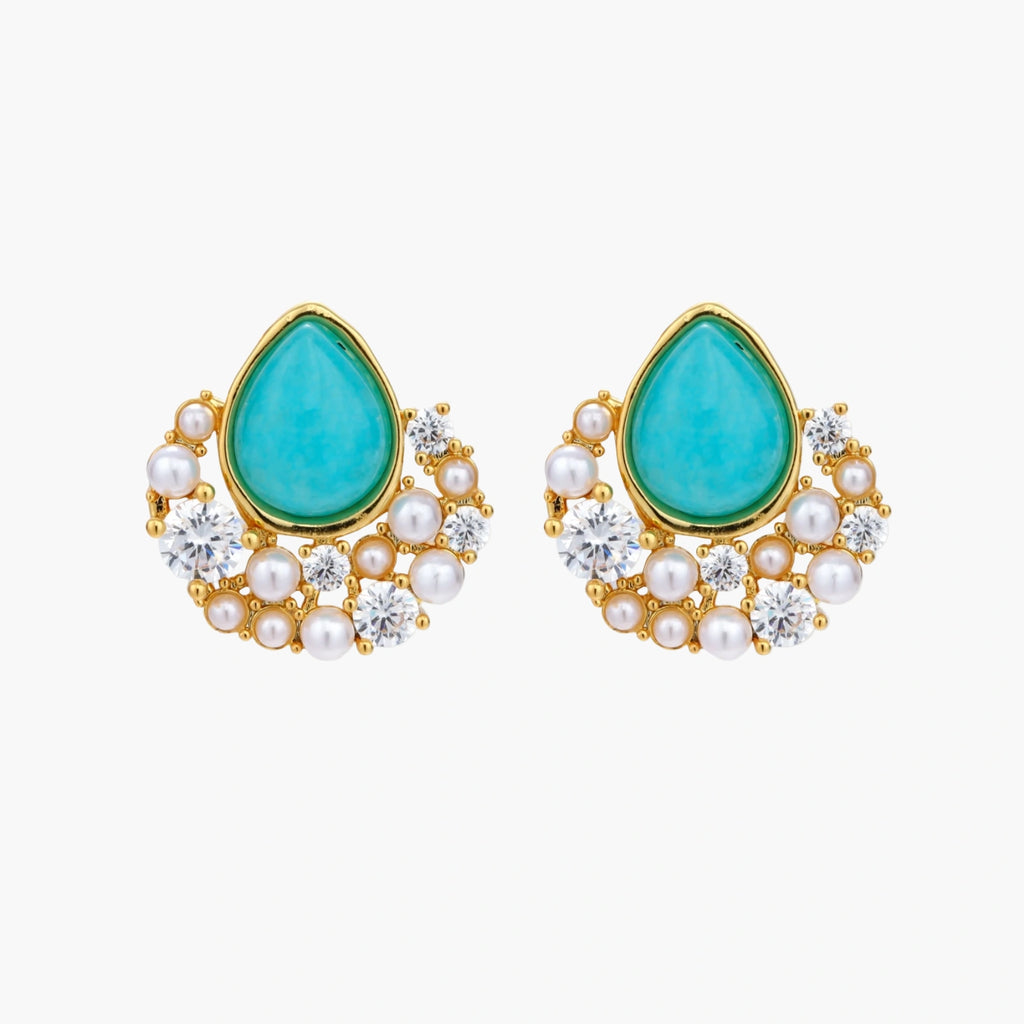 Gold-plated cluster earrings with teardrop turquoise stones surrounded by white pearls and clear crystals
