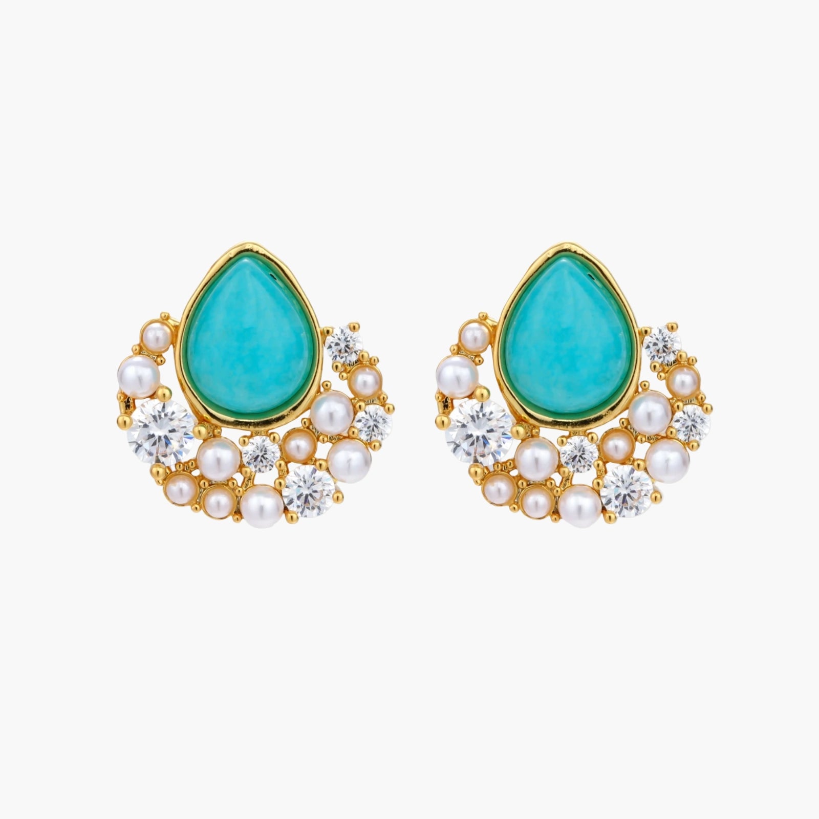 Gold-plated cluster earrings with teardrop turquoise stones surrounded by white pearls and clear crystals