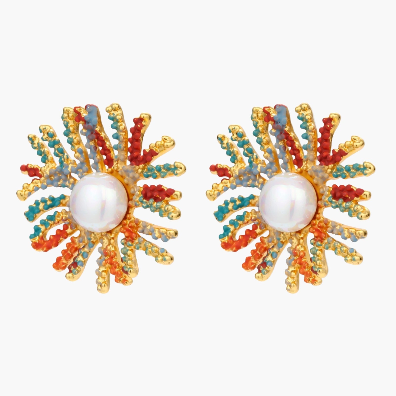 Vibrant starburst stud earrings with multicolor enamel rays and white pearl centers on gold-plated setting
